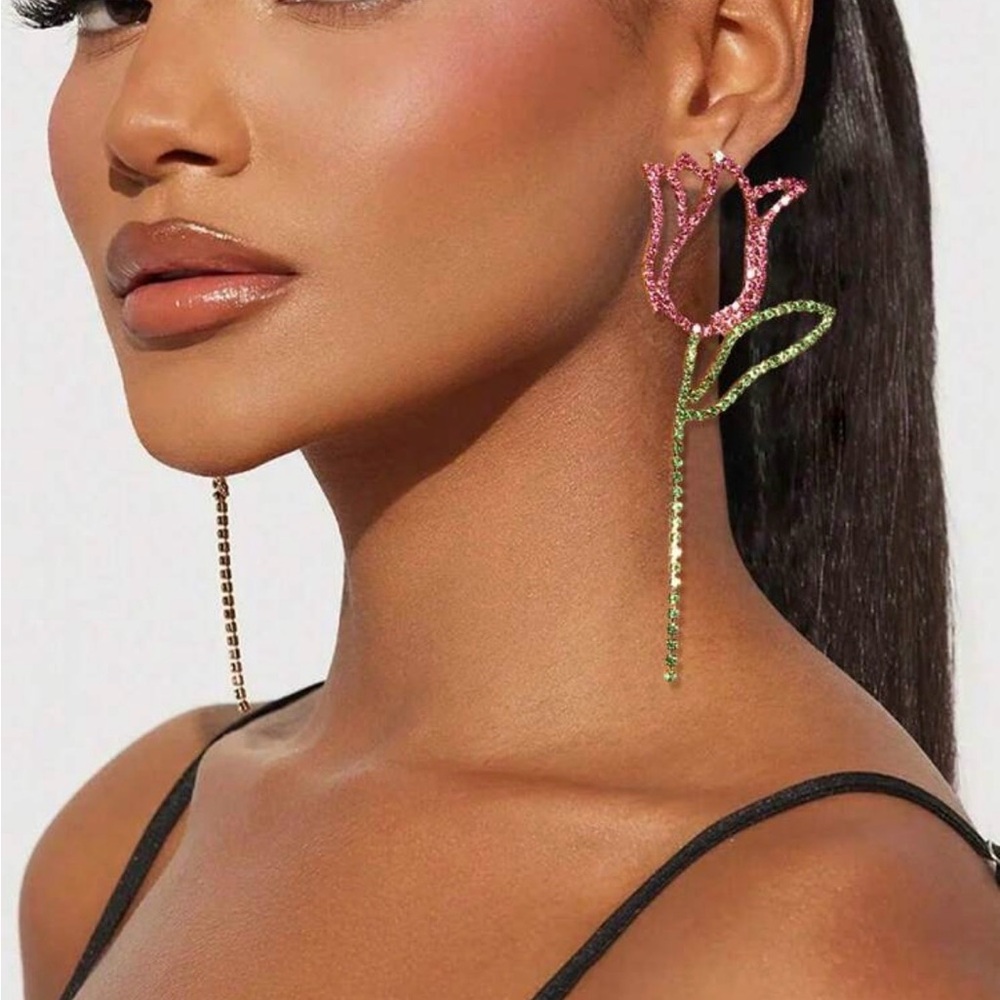 Pink and Green Crystal Flower Earrings